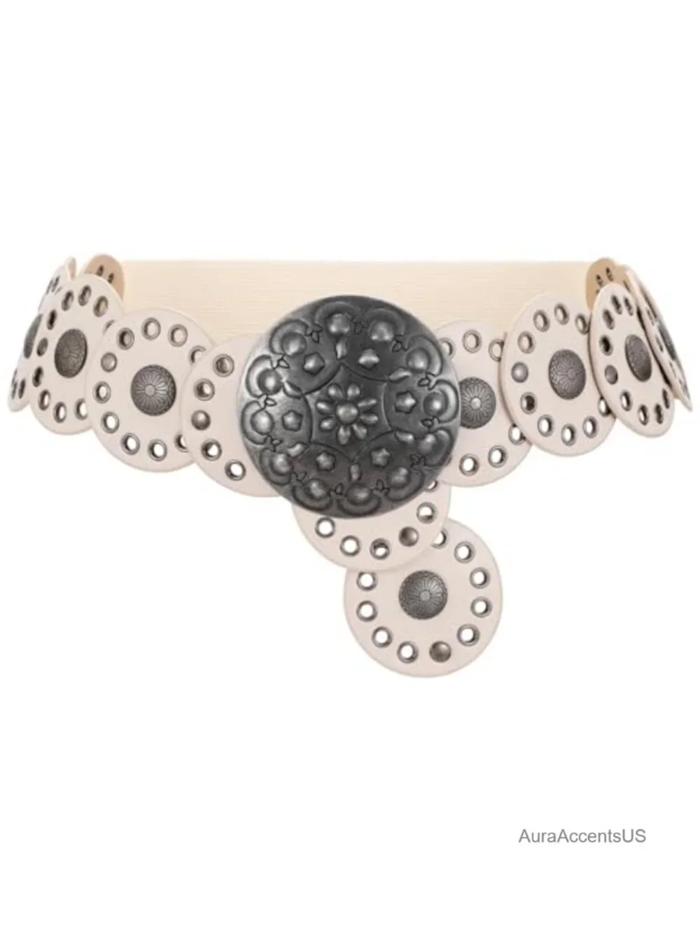 Faux Leather Western Belt with Concho Discs Adjustable Wide Belt for Dresses